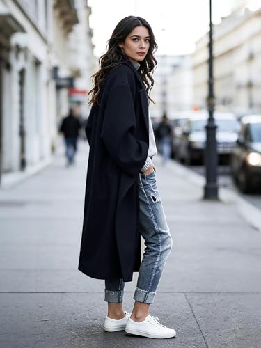 Women's Winter Wool Coat Notch Lapel Single Breasted Casual Mid Long Pea Trench Coat - color: Navy, size: Small