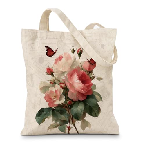 Vintage Floral Canvas Tote Bag, Aesthetic Botanical Reusable Grocery Bags for Women, Elegant Floral Lover Gift Tote - color: Color24