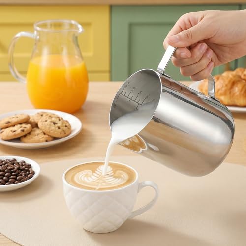 2 Pcs Milk Frothing Pitcher, 32 Oz Stainless Steel Steaming Pitcher for Espresso, Cappuccino, Barista Frother Jug with Tick Mark and Latte Art Pen, Silver