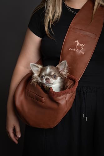 Noah & Paw Dog Sling Carrier for Small Dogs 3-10lb, Dog Sling for Small Dogs and Cats, Dog Carrier with Adjustable Padded Strap, Vegan Leather Lined with Fur, 3X Safety Features, Machine Washable - color: Brown, size: 15.0"L x 6.0"W x 5.5"H