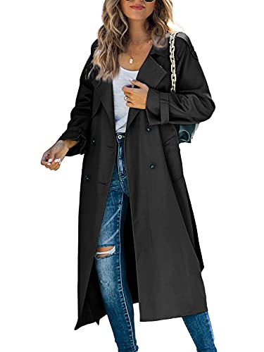 Womens Long Trench Coat Double Breasted Windproof Overcoat With Belt | Classic Lapel,Fall clothing, Spring outfits, Street outwear - color: 01 Black, size: Medium