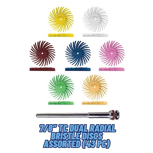 Sunburst Radial Bristle Discs - 7/8”(22mm) Dia, Dual TC Bristle, 1/16”(1mm) Arbor, Precision Thermoplastic Rotary Polishing Tool, Aluminum Oxide