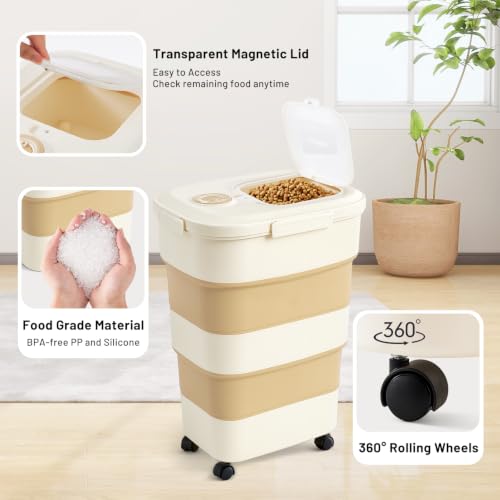 ZOMISIA 40-50lbs Dog Food Storage Container, Large Capacity Collapsible Airtight Pet Food Storage Containers with Rolling Wheels, Transparent Lid, Scoop and Date Track, Khaki - color: Khaki