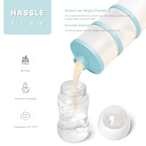 Termichy Stackable Formula Dispenser Portable: Milk Powder Container to go | Separated Compartments Premeasure Storage - Mess-Free Funnel Spout for No-Spill Pouring - for Home or Travel Use - color: Light Blue