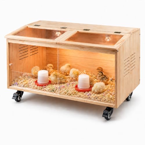 Wooden Chicken Brooder, Pine Wood Chick Brooder for Chicks with Thermostat with Heat Lamps, Thermostat & Locking Casters, Indoor Chick Brooder Box for Quail，Hamster and Small Animal (40x20x20 in)