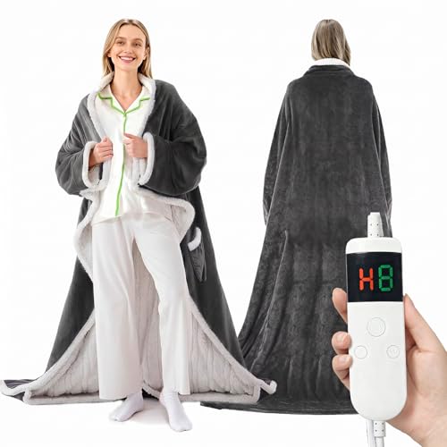 Wearable Heated Blanket With Sleeves & Foot Pocket, Heated Throw Blankets Fast Heating Blanket With 10 Heat Settings Auto Shut Off Over-Heat Protection-Warm Gift, Machine Washable, 52”*72”+18” - color: Dark Gray
