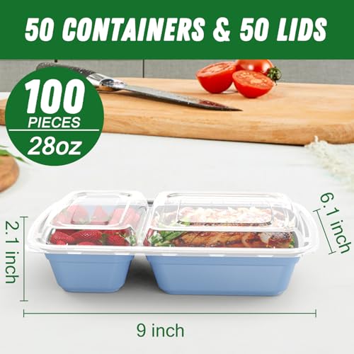 Dealusy 50 Pack 28 oz Meal Prep Containers with Lids 2-Compartment, Blue | Sturdy Leakproof & Food Safe, Microwave, Freezer, Dishwasher Safe Prep Containers, To Go Take Out Plastic Food Storage - color: Blue