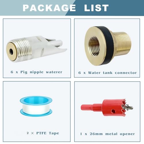 6Pcs Pig Waterer Nipples, Stainless Steel Automatic Pig Nipple Waterer Hog Water Drinker Feeder with Brass Water Tank Connector, Drill Bit and Tape, for Hog Piglets Goat