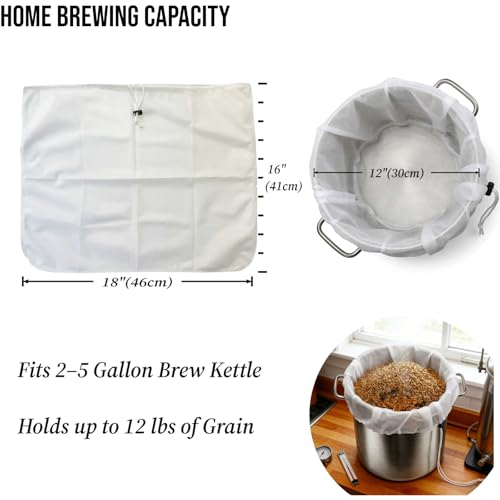 5 Pack BIAB Brewing Bag, 18" x 16", 250 Micron Reusable Fine Mesh Brew in a Bag with Reinforced Stitching & Drawstring, Heavy Duty Nylon Straining Bag for All Grain Home Brewing & Beer Wine Cider - size: 5Pack 18" X 16"