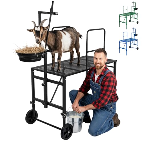 Goat Stand with Adjustable Headpiece & Legs, Goat Milking Stand with Feeder, Rails & Wheels, Stanchion for Grooming & Hoof Trimming, Sheep Stand for Shearing Heavy-Duty Steel Platform, Black - color: BLACK