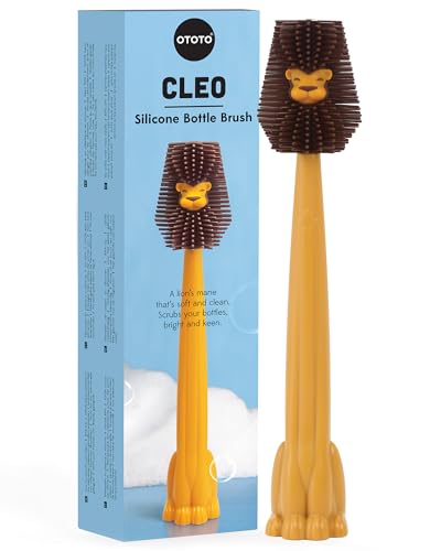 OTOTO Cleo Dish & Water Bottle Brush – Silicone Baby Bottle Brush, Water Bottle Cleaner, Dish Brush with Long Handle, Cute Lion Design, Crevice Cleaning Brush, Baby Essentials, Kitchen Gadgets - style: Cleo