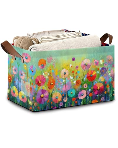 Retro Flowers Floral Storage Basket with Handles,Colorful Collapsible Rectangle Organizer Bin for Room Decoration Books Box Baskets 17x11.5x10Inch - color: Retro Flowers Floral Colorful
