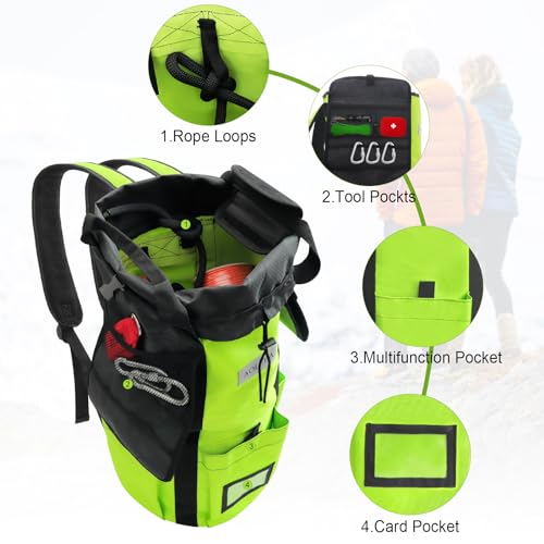 AOLEBA Arborist Rope Storage Bag Tree Climbing Rock Rope Bucket Backpack Rope Storage Bag Large Capacity 1680D Thicken Nylon Material with Hand Straps, Side Pockets - color: Neon Green
