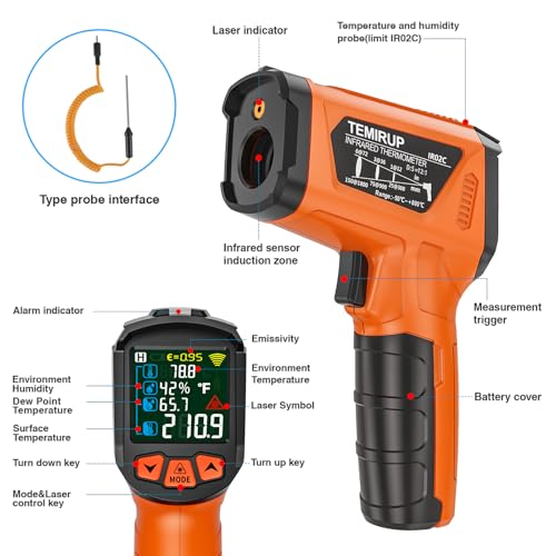 Infrared Thermometer Gun, Non Contact Digital Laser Thermometer Temperature Gun with Color LCD for Cooking, Home Repairs, Humidity Measurement, Adjustable Emissivity -58°F to 1472°F(-50~800°C) - color: Orange -58℉~1472℉(-50℃~800℃)