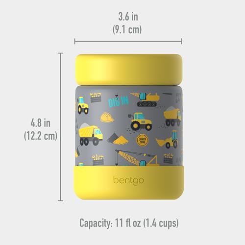 Bentgo Kids Stainless Steel Leak-Proof Food Jar for Hot or Cold Food | 11 fl oz Double Insulated Container with Removable Silicone Bumper, Dishwasher Safe, Easy Open Lid, Ages 3+ (Construction) - color: Construction Trucks