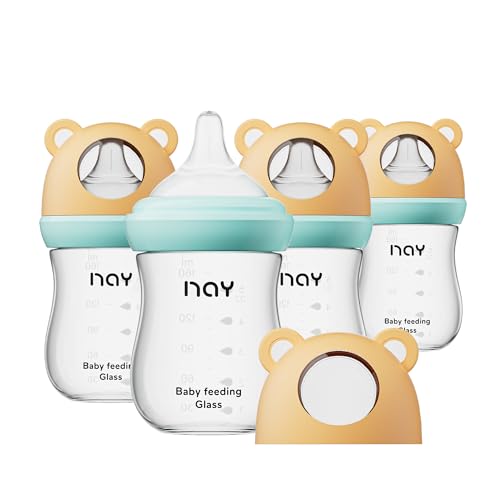 yanyoyo Natural Glass Baby Bottle for Breastfeeding Babies, 5.4oz Anti-Colic Baby Bottle with Natural Response Nipple(S), Clear, Wide Neck, 4 Pack, 1 Months+ - color: Yellow, size: 5.4 Ounce (Pack of 4)