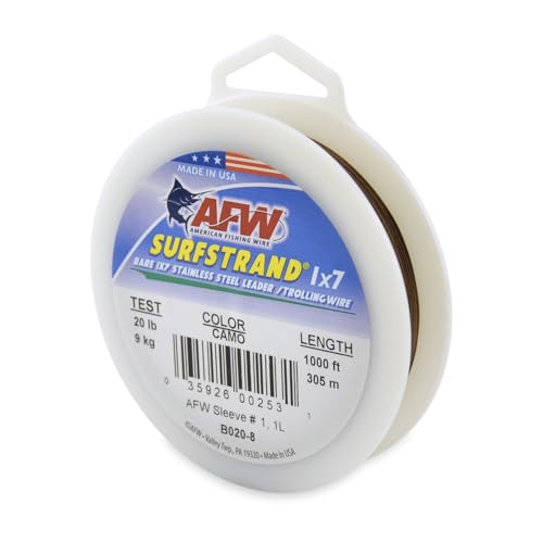 American Fishing Wire Surfstrand Bare 1x7 Stainless Steel Leader Wire - Fishing Leader Line for Saltwater, 20lb Test - 325lb Test in Bright, Camo in 30ft, 300ft, 600ft and 1,000ft Lengths - color: Camo, size: 20 lb / 1000 ft