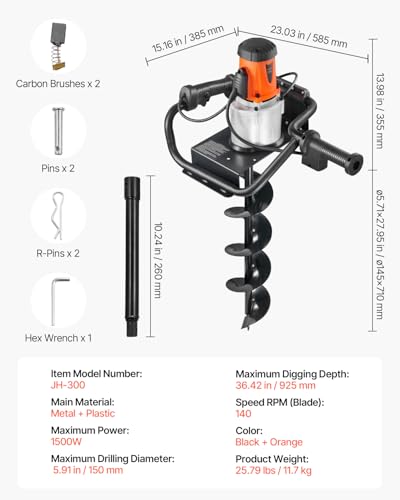 VEVOR Electric Post Hole Digger 1500W 140 RPM with 5.71 in Steel Auger Bit | for Post Hole Digging, Drilling and Tree Planting in Gardens and Yards, with 10.24 in Extension Rod for Reaching Deeper Soil