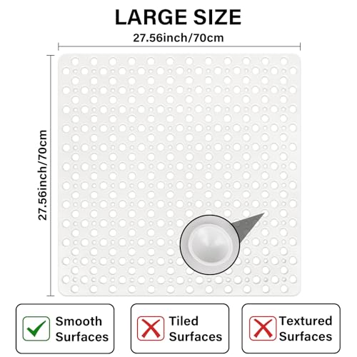 Square Shower Mat Non Slip, 27" x 27" Large Shower Mats for Inside Shower, Soft TPE Shower Floor Mat with Suction Cups and Big Drain Holes, Anti Slip Shower Stall Matt, White - color: White