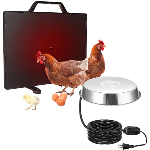 VIHOSE 2 Pcs Chicken Coop Heater 1 PC Radiant Heat Panel with Adjustable Temp 77 to 200℉ 1 PC Stainless Steel Poultry Chicken Waterer Heater for Winter Heated Base Radiant Warmer for Inside Outdoor