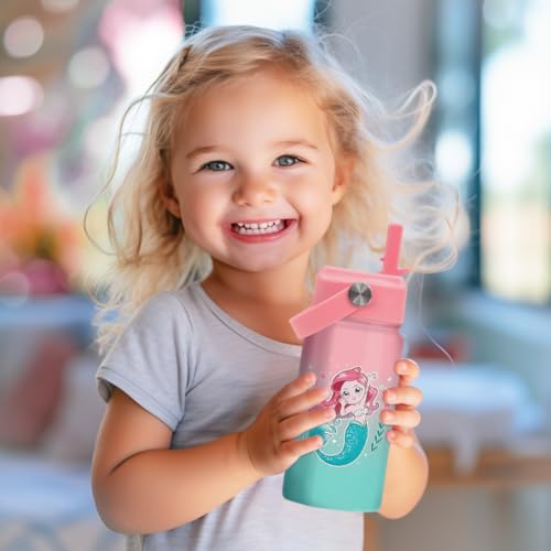 SANDJEST Mermaid Water Bottle for Girls - Kids Water Bottle with Straw Lid - 12 Oz Insulated Stainless Steel Water Bottles - Travel Cup for School Sports - color: Mermaid 2