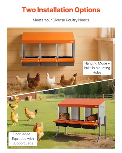 VEVOR Chicken Nesting Boxes, 3 Compartments, with Support Legs, Easy Egg Collection, Galvanized Steel and High-Strength Plastic, Roll Away Nesting Boxes for Chickens and Hens Laying Eggs, Orange