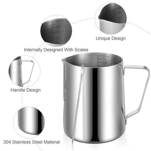 2 Pcs Milk Frothing Pitcher, 32 Oz Stainless Steel Steaming Pitcher for Espresso, Cappuccino, Barista Frother Jug with Tick Mark and Latte Art Pen, Silver
