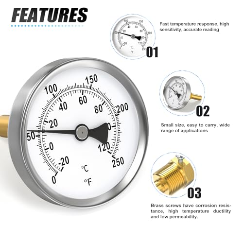 MEANLIN MEASURE 1/2" NPT Bimetal Thermometer, 2-1/2" Dial, 2-1/4" Brass Stem, Accuracy 2%, Center Back Mount, Temperature Range 0-250°F/-20-120°C for Hot Water, Boilers and Pipes - color: 0-250°F, size: 2-1/4" Rod (Center Back Mount)