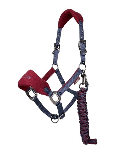 LeMieux Vogue Fleece Headcollar - Halter & Leadrope - Extra Padding, Adjustable at Curb and Poll Strap - color: Burgundy / Navy, size: Pony