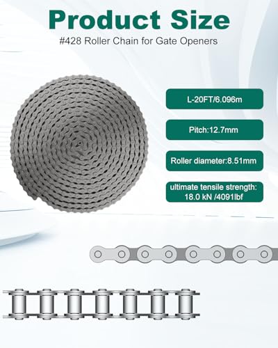 #428 Roller Chain for Sliding Gate Openers, 20 ft Carbon Steel Chain | Chain for Extension Sliding Automatic Gate Opener Garage Door Bike Go Kart Chain - style: #428