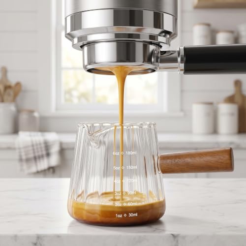 Kichvoe Glass Coffee Pourer 6oz with Wooden Handle, Espresso Measuring Cup | Heat Resistant Borosilicate Glass Milk Frothing Pitcher with Dual Scale, Creamer Cup for Coffee Bar, Latte Art & Baking