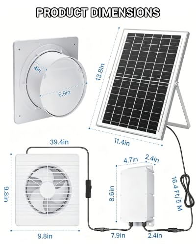 Solar Powered Fan with 24000mAh Battery, Usable At Night for Chicken Coop | Solar Exhaust Fan, 40W Quiet, Waterproof, High Airflow for Outdoor, Greenhouse, Sheds, Pet Houses Ventilation Equipment - size: 9.8 inches