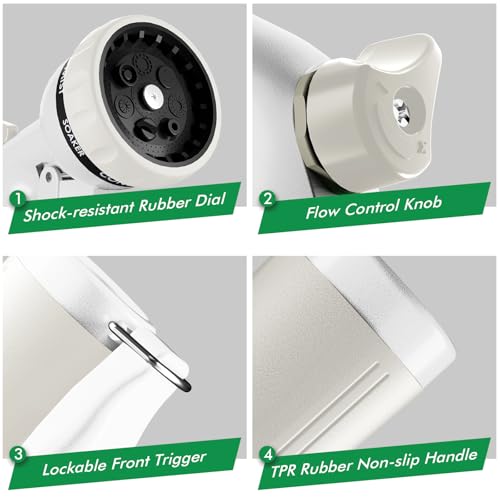 RESTMO Garden Hose Nozzle, Heavy Duty Metal Water Hose Nozzle with 7 Adjustable Spray Patterns, High Pressure Hand Sprayer with Flow Control, Best for Watering Plant & Lawn, Washing Car & Pet, White - color: White