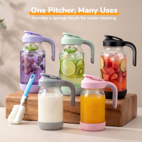 32 oz (1 Qt) Glass Mason Jar Pitcher with Pour Spout Lid & Handle | Airtight Leak-Resistant Flip-Top, Wide Mouth for Ice & Fruit, Non-Slip Silicone Base, Measuring Marks, Fridge Water/Iced Tea - color: Gray, size: 32 Ounces