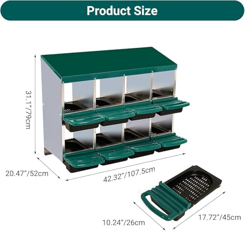 Chicken Nesting Box, 8 Compartments Roll Away Eggs Laying Boxes, Cleanable Pull Out Hen Roosting Boxes, Durable& Easy to Install, Green - color: Green, size: 8 holes