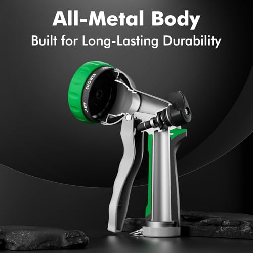 RESTMO Garden Hose Nozzle, Heavy Duty Metal Water Hose Nozzle with 7 Adjustable Spray Patterns, High Pressure Hand Sprayer with Flow Control for Watering Plants & Lawns, Washing Cars & Pets - color: Green