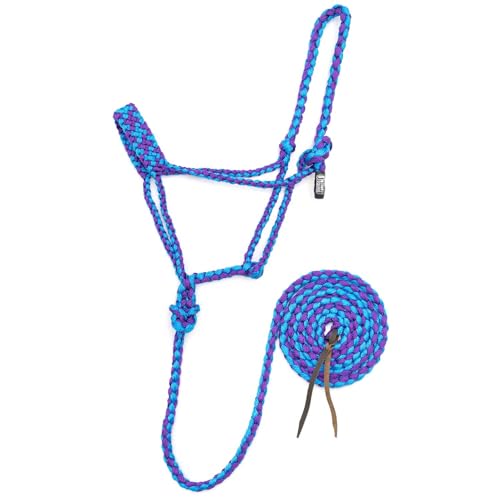 Jeffers Equine Braided Mule Tape Halter with 10' Detachable Lead Rope Set for Horses, 14 to 18 Hands - Stylish Design with Adjustable Poll Strap, Easy to Use Western Tack - Turquoise & Purple - color: Turquoise & Purple