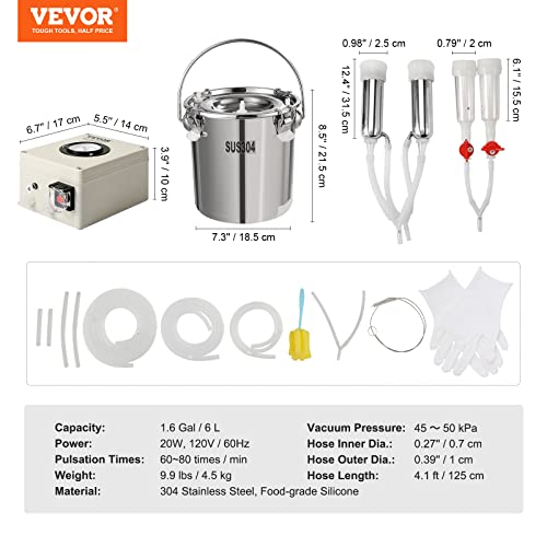 VEVOR Goat Milking Machine, 6 L 304 Stainless Steel Bucket, Electric Automatic Pulsation Vacuum Milker, Portable Milker with Food-Grade Silicone Cups and Tubes, Adjustable Suction for Cows and Sheep - size: 6 L