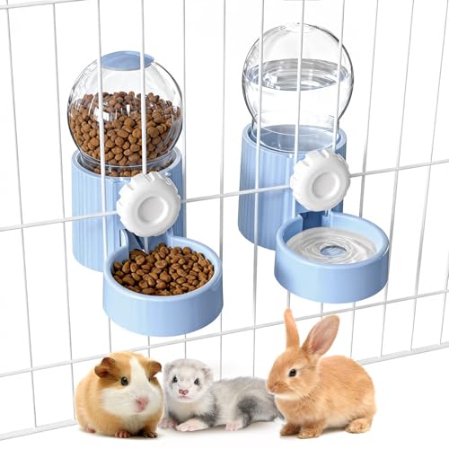 38oz Rabbit Water Dispenser and Feeder Set (Blue) | Large Hanging Automatic Food Water Dispenser, for Bunny Guinea Pig Chinchilla Ferret Cage Accessories - color: Blue