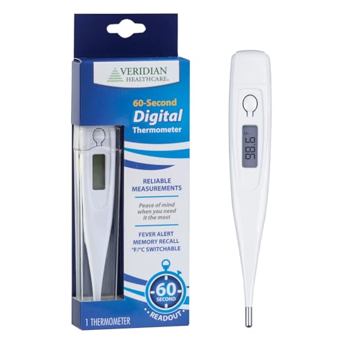 Veridian 60-Second Digital Thermometer with Rigid Tip | Oral, Rectal & Underarm Thermometer, Fever Alert at 100.0°F, Memory Recall, Water-Resistant, Storage Case