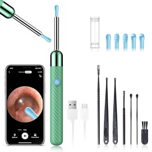 LEIPUT Ear Wax Removal - Earwax Remover Tool with 8 Pcs Ear Set - Ear Canal Cleaner with 1080P Camera - Ear Cleaning Kit with 6 Ear Spoon - Ear Camera for iOS & Android (Green) - color: Green