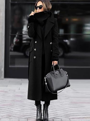 chouyatou Women's Winter Double Breasted Wool Coat Business Casual Long Winter Pea Coat with Belt - color: Black, size: Large