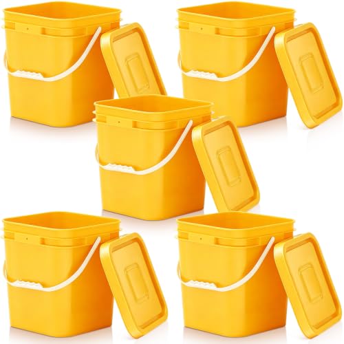 Mumufy 5 Pcs 3.5 Gallon Square Food Grade Bucket with Lid Square Bucket Pail Plastic Handles for Long Term Food Storage, Camping, Fishing, Home Organization Easy Stack and Store (Yellow) - color: Yellow