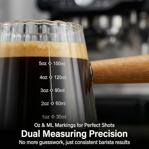 6 oz Espresso Cups With Wood Handle, Espresso Accessories, Ribbed Milk Frothing Pitcher, Glass Measuring Cup, Shot Glass with V-Shaped Mouth, Coffee Bar Epresso Shots Cup