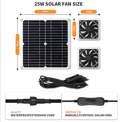 25w Solar Fan for Chicken Coop,16.4FT Cable IP54 Waterproof | Solar Exhaust Fan,Solar Panel Fans Kit for Outside Greenhouse,Shed,Pet House,Outside No Battery On/Off Switch Cable - size: 25W
