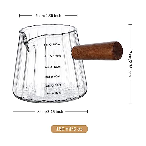 Joeyan 6 oz Glass Measuring Cups with Spout,Borosilicate Glass Triple Pitcher with Scale,Origami Style Espresso Shot Glasses with Wood Handle for Coffee Milk,Dishwasher Safe - color: 6 Oz Single Spout Clear Measuring Cup