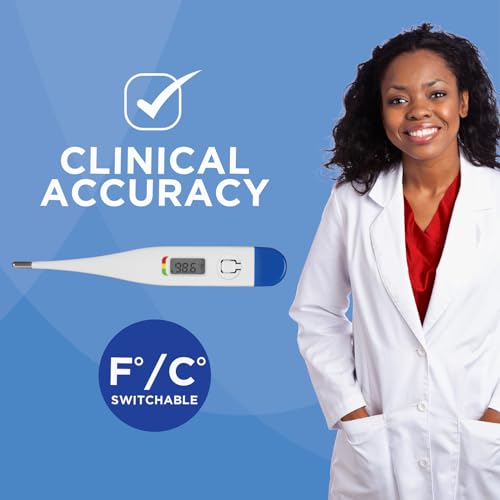 HealthWise 30-Second Rigid Tip Digital Thermometer | Oral, Rectal & Underarm Use, Fever Indicator, Waterproof, Storage Case & Probe Covers Included