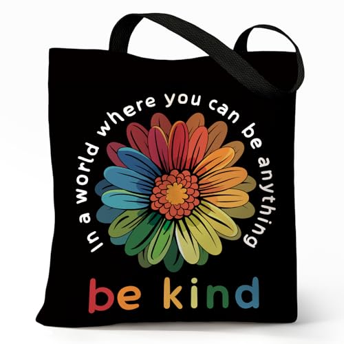 Cute Canvas Tote Bag for Women, Book Totebag with Zipper Pocket - color: Flower Be Kind