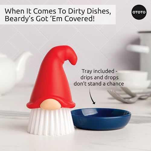 OTOTO Gnome Dish Brush with Handle - Cleaning Brush, Vegetable Brush, Dish Scrub, Gnome Handle, Unique Kitchen Gadgets, Funny Kitchen Tools, Useful Gifts for Women (Beardy Red) - style: Beardy