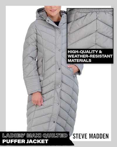 Madden Girl Womens Winter Jacket, Long Maxi Puffer Coat, Hooded Parka | Weather Resistant Full Length Warmth, Zipper and Button Closure, Cozy Insulated Hood, Zip Pockets Cold Weather Ready - color: Titanium, size: X-Large